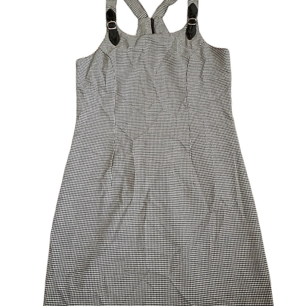 Vtg Houndstooth Jumper Dress Patent Leather 90s Preppy Academia Y2K Grunge Sz 7